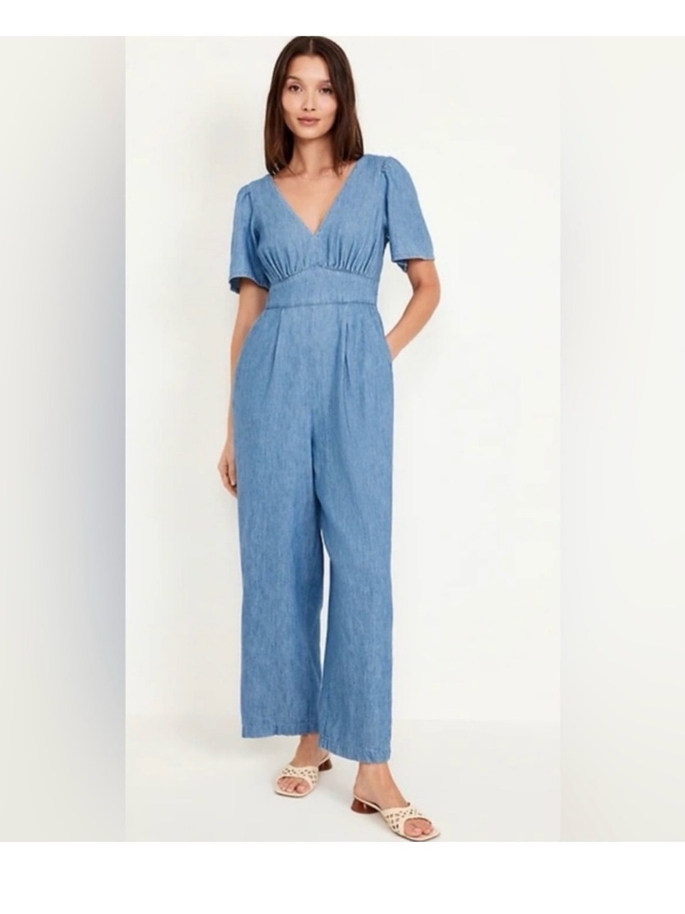 Old Navy Light Blue V-Neck Short Sleeve Wide-Leg Jumpsuit